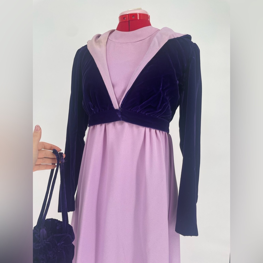 1970s 3 Piece Purple Halter Maxi Dress, Velvet Hooded Bolero & Matching Handbag